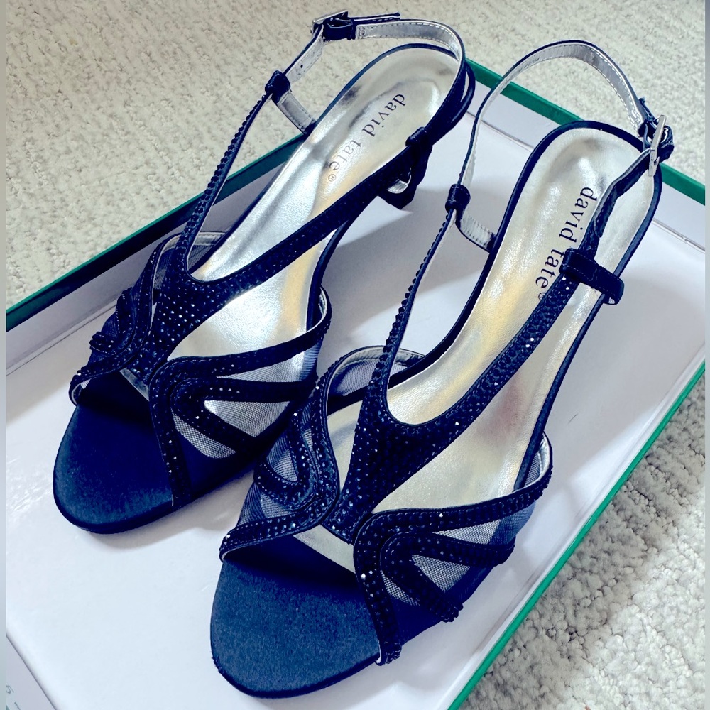 David Tate Navy Satin Open-Toe Crystal Slingback Heels